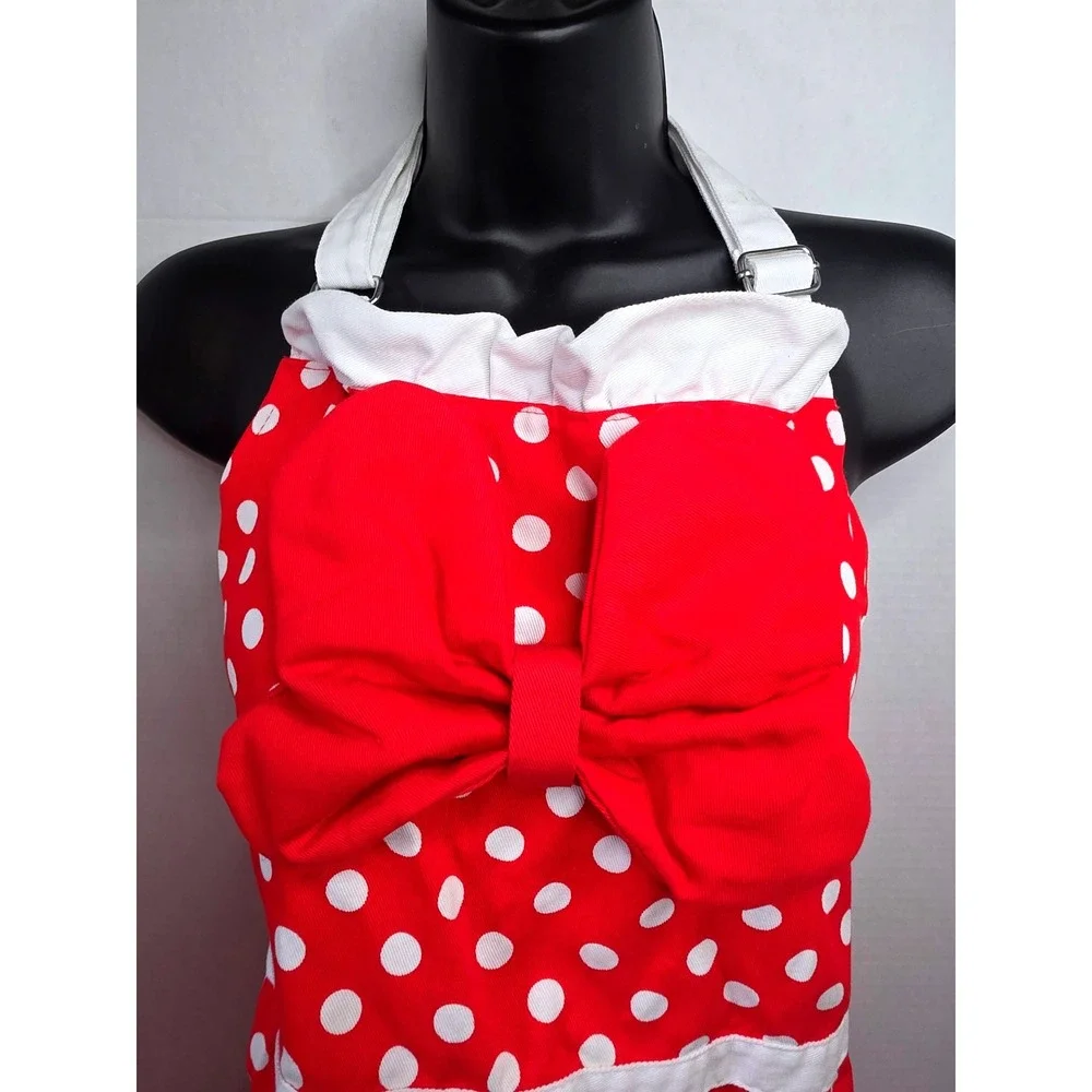Disney Minnie Mouse Red Polka Dot Apron‎ with Bow Pocket Ruffle Trim Adult Size